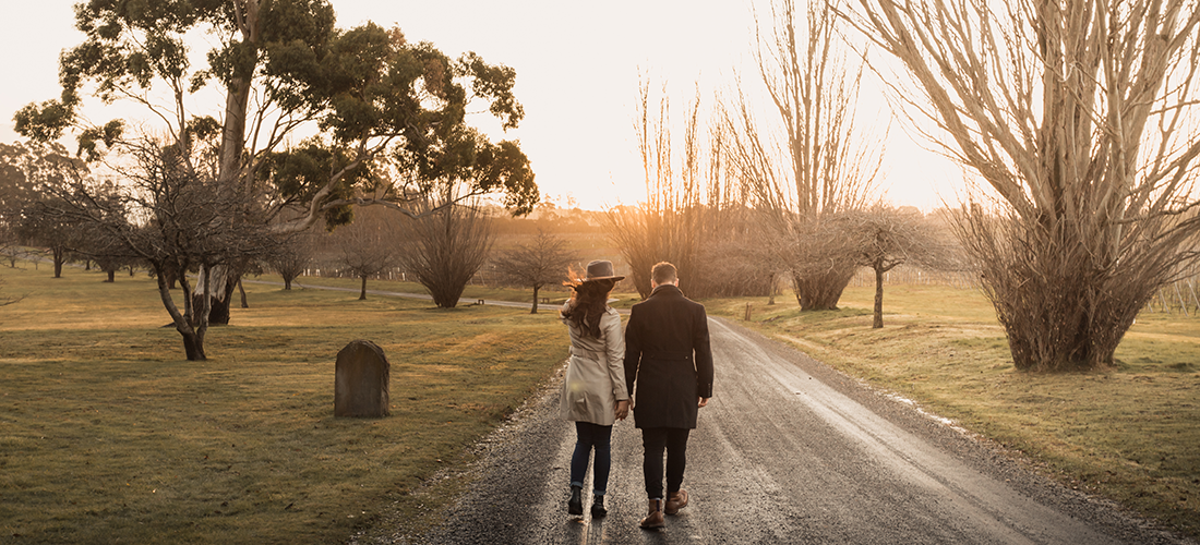 Man and woman walking on the Jansz Tasmania property